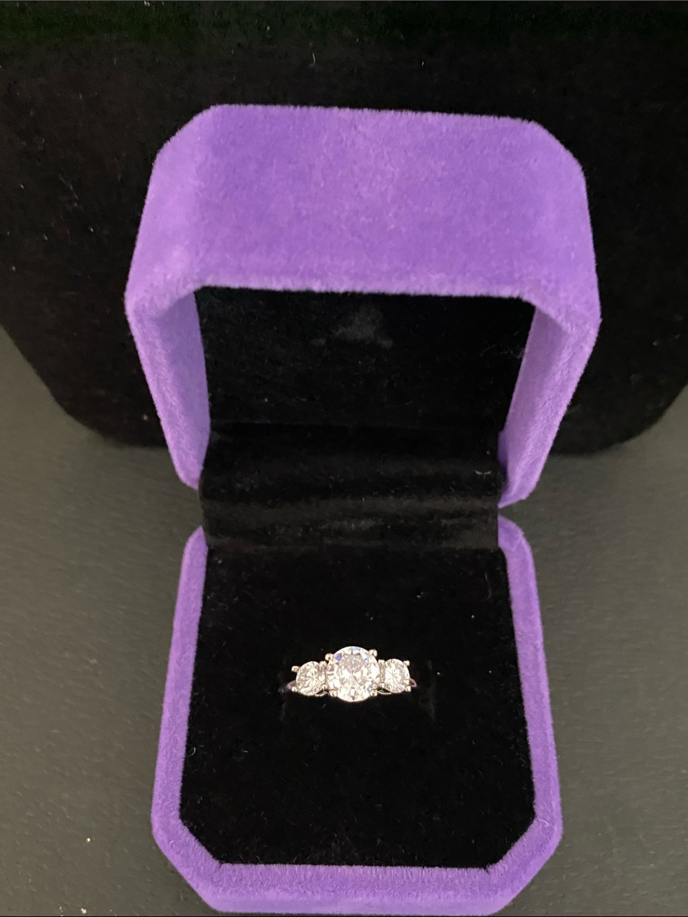 Elegant Costume Silver Three-Stone Ring in Purple Box
